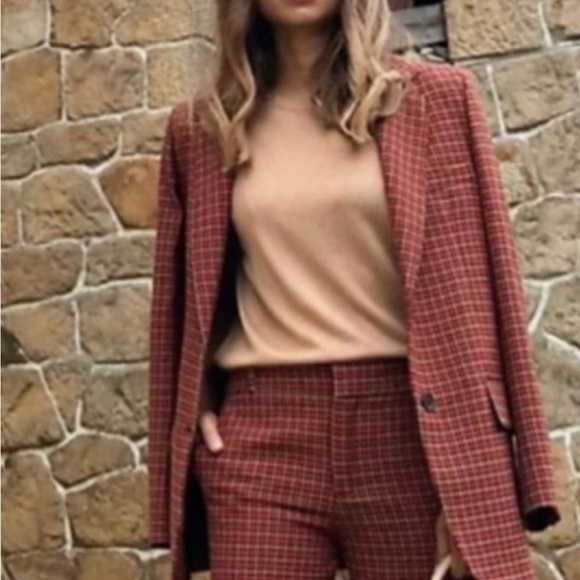 RARE LIKE NEW! Zara Burgundy Checkered Blazer Tops Shirts Womens Size XS - Picture 3 of 8